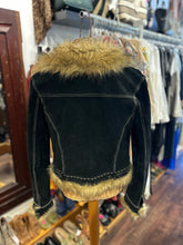 Load image into Gallery viewer, BeBe Black & Tan Leather stud accents Faux fur Y2K Jacket, Size M