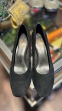 Load image into Gallery viewer, Charlotte Stone Black Suede w/gold heel Shoe, Size 10