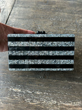 Load image into Gallery viewer, edie parker Black & silver Acrylic Stripe clutch Purse, gently worn