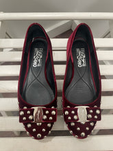 Load image into Gallery viewer, Ferragamo ruby red Velvet studded flats, Size 6/7 W/Box