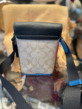 Load image into Gallery viewer, Coach tan, blue, black Leather &amp; Canvas Logo Crossbody Purse
