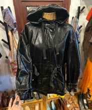 Load image into Gallery viewer, Allsaints Black Faux Leather patent Hood silver accent Jacket