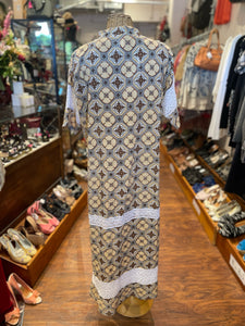 Julia Amory Yellow, Brown, White Cotton Spanish Style Lace Strips Maxi Dress, Size XL