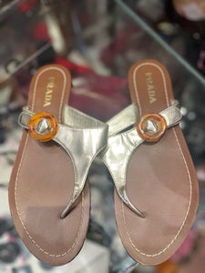 Prada Silver/Brown Leather Flip Flop, Size 39