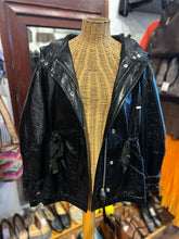 Load image into Gallery viewer, Allsaints Black Faux Leather patent Hood silver accent Jacket