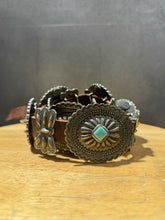 Load image into Gallery viewer, Adrienne Teeguarden Silver and brown Leather Western silver accent Belt, Size M/L