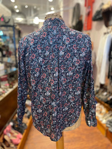 Birds of Paradis Navy & Pink Floral Button Down Cotton Longsleeve Top, Size S