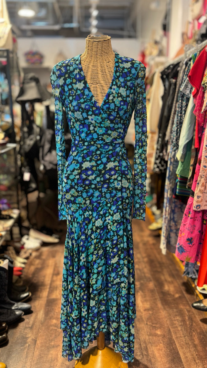 Ganni Turquoise & Blue Floral wrap maxi Dress – Sola Lucy