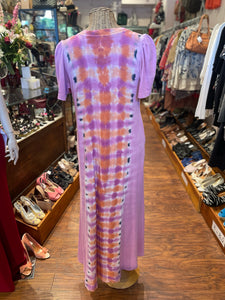 Raquel Allegra Pink & Orange Cotton Tie Dye Maxi Slit Detail Dress, Size 1=Small