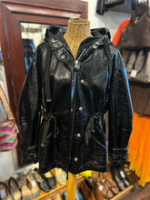 Load image into Gallery viewer, Allsaints Black Faux Leather patent Hood silver accent Jacket