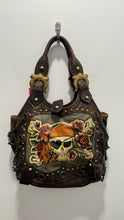 Load image into Gallery viewer, Isabella Fiore Dark Brown Leather Tatoo Print Size Large Embellished Purse, matching wallet included