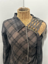 Load image into Gallery viewer, Nicholas K Green & black Cotton Blend Plaid cut out lace up detail Top
