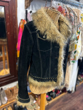 Load image into Gallery viewer, BeBe Black & Tan Leather stud accents Faux fur Y2K Jacket, Size M