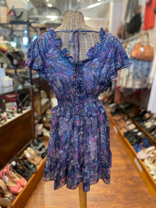Rebecca Taylor Purple/Pink/Blue Leaves Ruffle Shimmery Silk&Viscose Dress, Size S