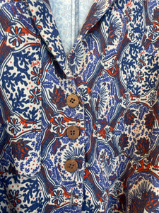 Chufy Blue & Orange Cotton Blend Floral Belted Jumpsuit, Size M
