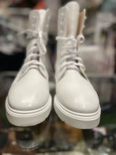 Load image into Gallery viewer, Stuart Weitzman White Patent Leather Combat Boot, Size 7.5
