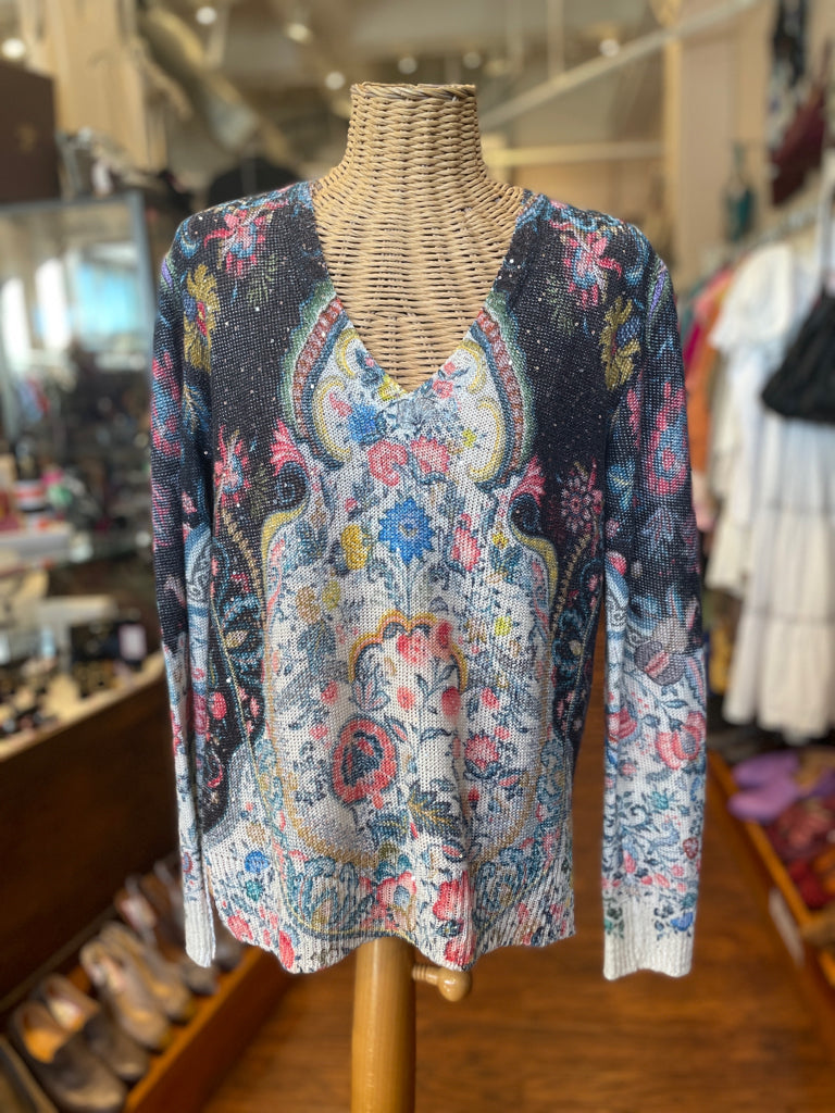 ETRO Gray/White/Multi Linen Knit Floral W/Sparkles Sweater, Size 44