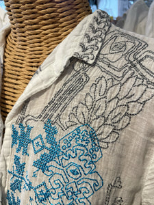 Biya White and blue Cotton embroidered button down longsleeve Top, Size S