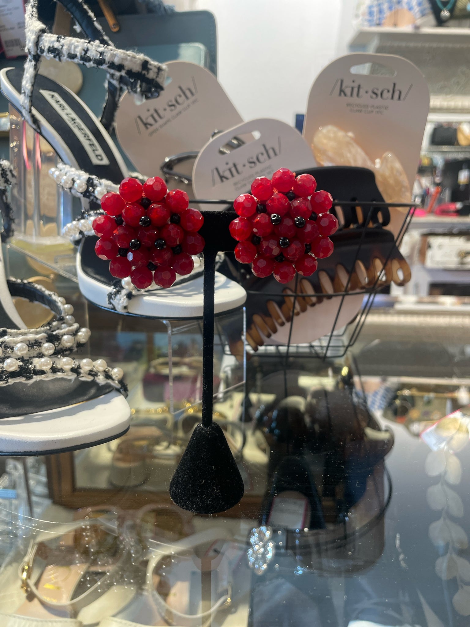 Angela Caputi red & black bead Vintage clip on Earrings
