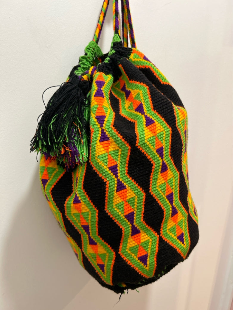 Miss Mochila black/green multi Woven tribal Drawstring Carryall