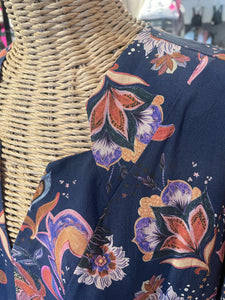 Johnny Was navy & orange Silk Floral v neck short sleeve Dress, Size S