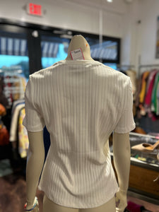Veronica Beard White Cotton Blend Ribbed W/Rhinestone Top, Size L