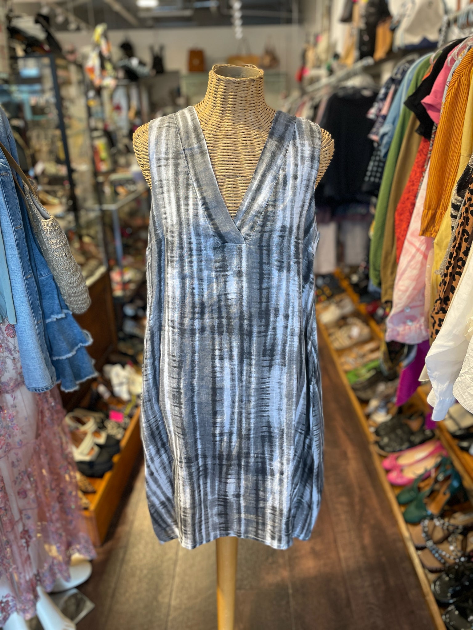 INIZIO Grey & White Linen Tie Dye Sleeveless NWT Dress