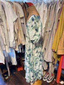 Johnny Was Workshop White & Green Cotton Blend Tie Dye embroidered Dress, Size S