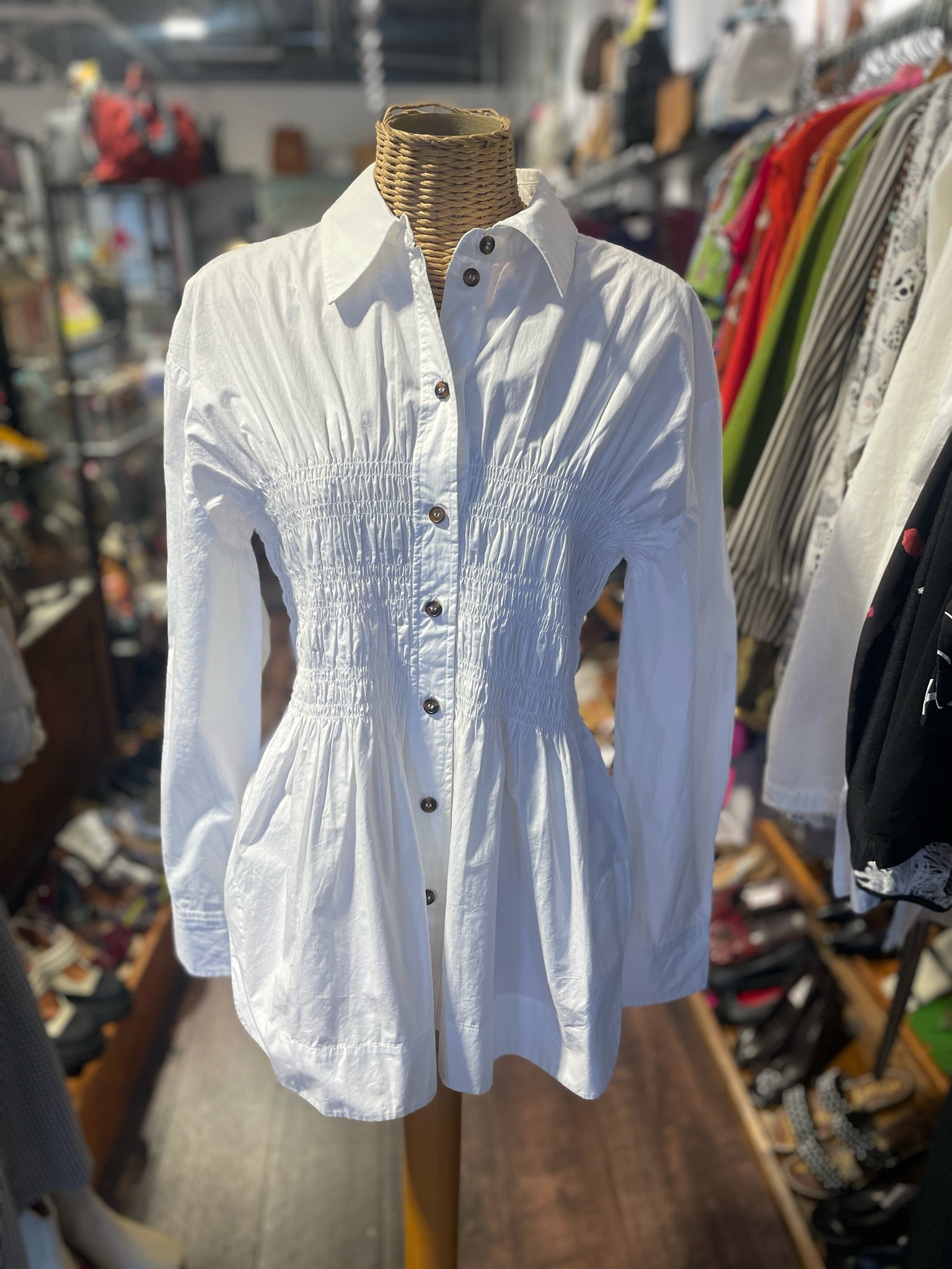 Ganni White 100% cotton ruched button down Top, Size 42