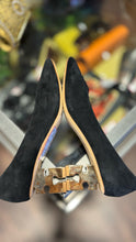 Load image into Gallery viewer, Charlotte Stone Black Suede w/gold heel Shoe, Size 10
