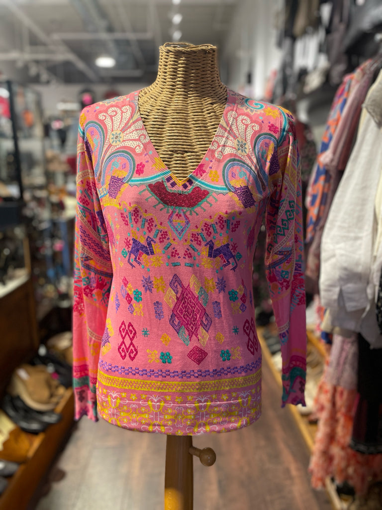 ETRO Pink Silk Blend Printed Longsleeve lightweight Sweater, Size 42