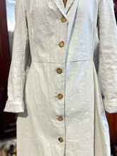 Load image into Gallery viewer, Hannoh Wessel White &amp; light blue Cotton Blend Pinstripe Trench W/Ribbon Jacket, Size 40
