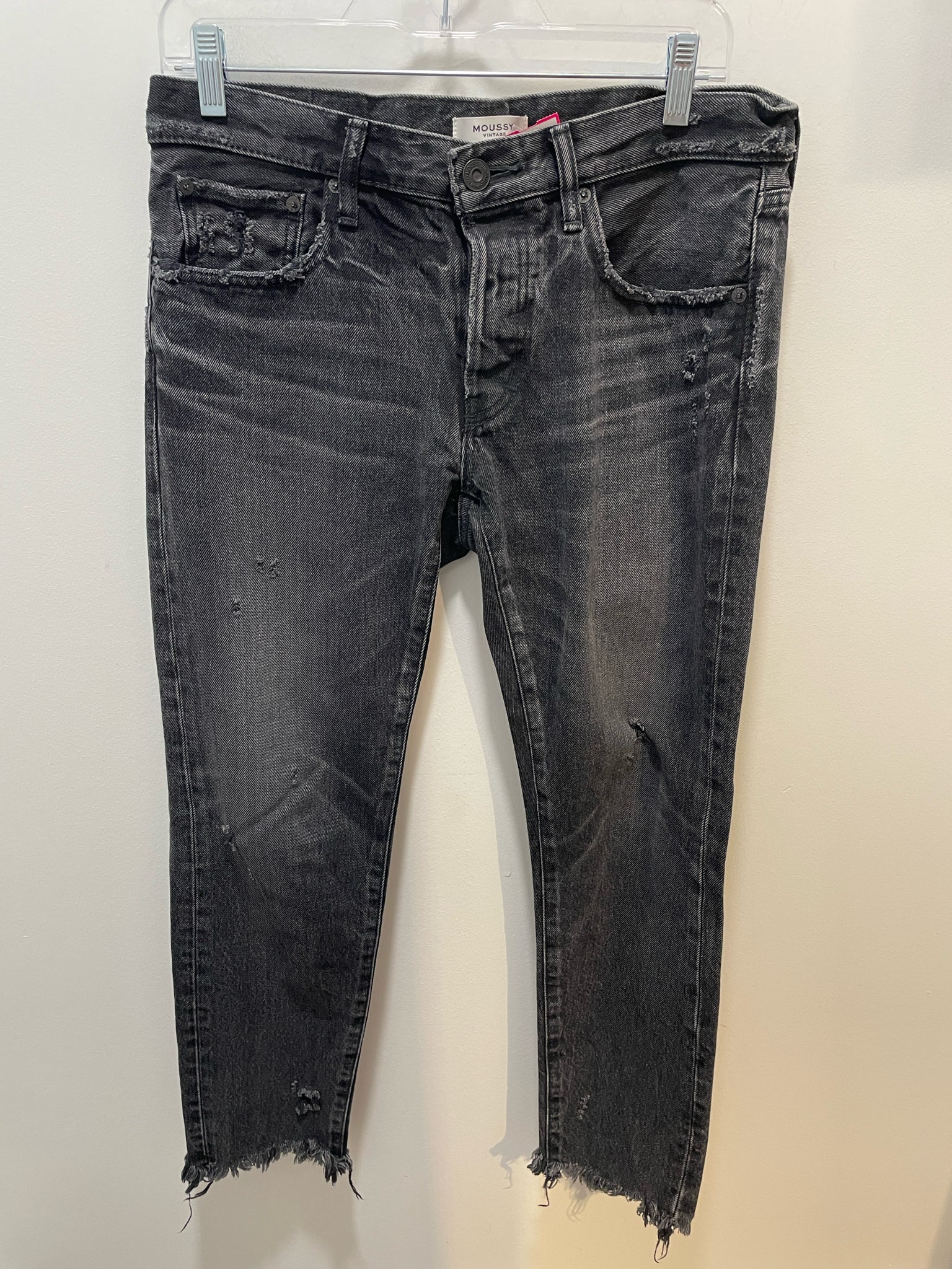 Moussy Black Cotton Distressed Straight Leg Jeans, Size 28