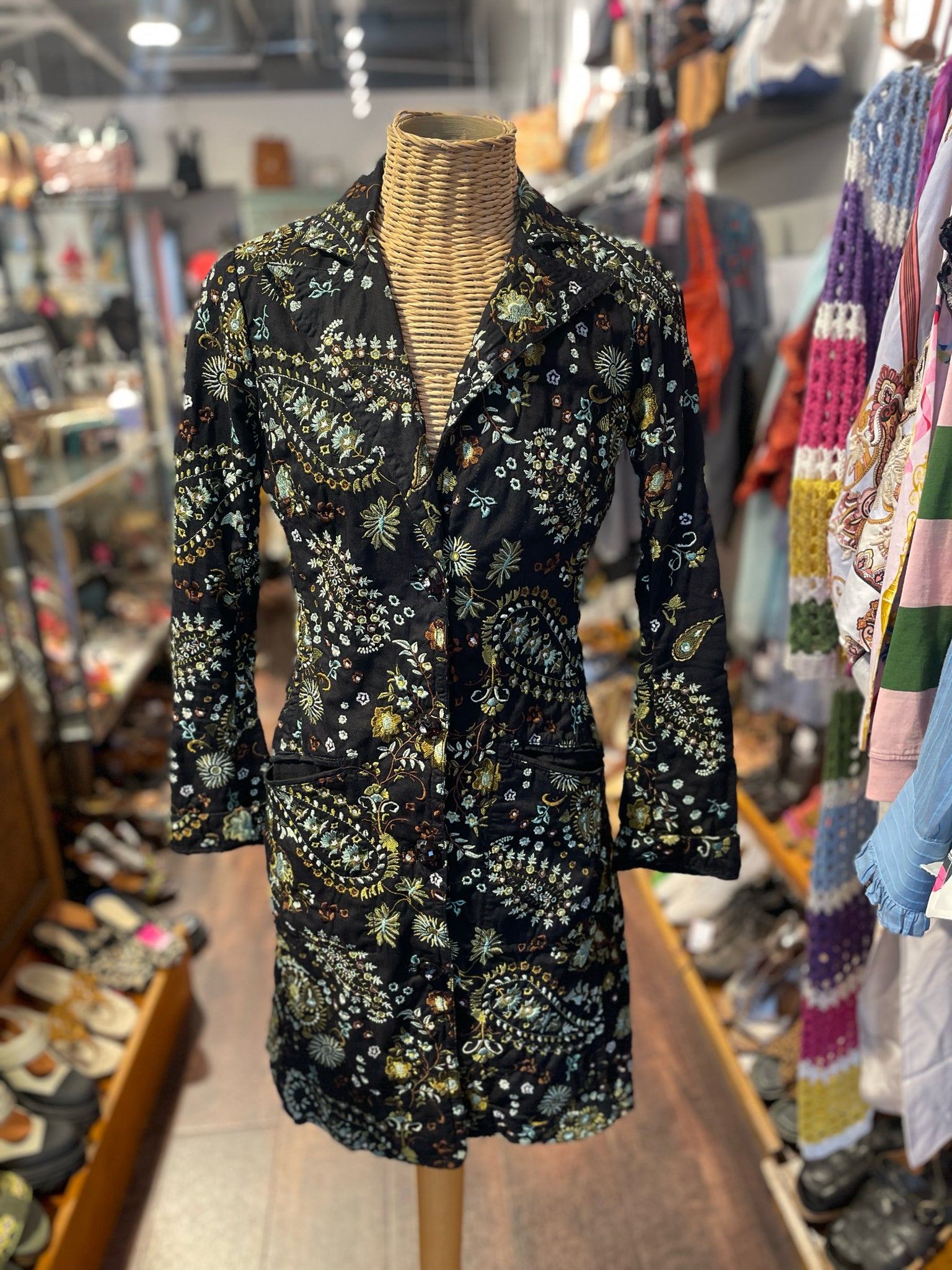 Johnny Was Black & Green embroidered longline Gently Worn Coat, Size XS