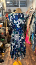 Load image into Gallery viewer, Samantha Sung purple &amp; teal Cotton Blend Floral Belted Sleeveless Dress, Gently Worn, Size 12
