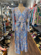 Load image into Gallery viewer, Nicoblu blue, yellow, red Poly Print waist tie Dress, Size M
