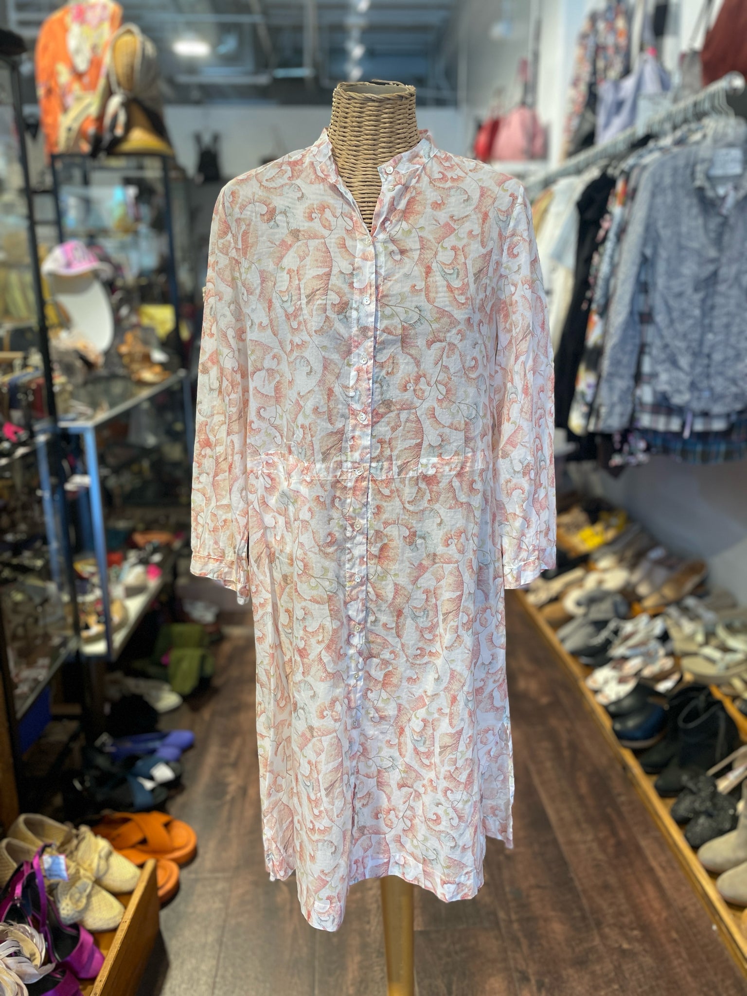 dosa red, white & multi Cotton Abstract Long sleeve Button Up Dress, Size 4=XL