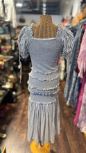 Load image into Gallery viewer, Love Shack Fancy white &amp; grey Cotton window pain &amp; stripes puff shoulder Dress

