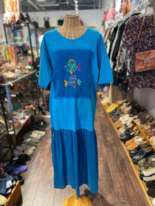 Johnny Was Turquoise Cotton embroidered Short sleeve Ruffle Trim Dress, Size L