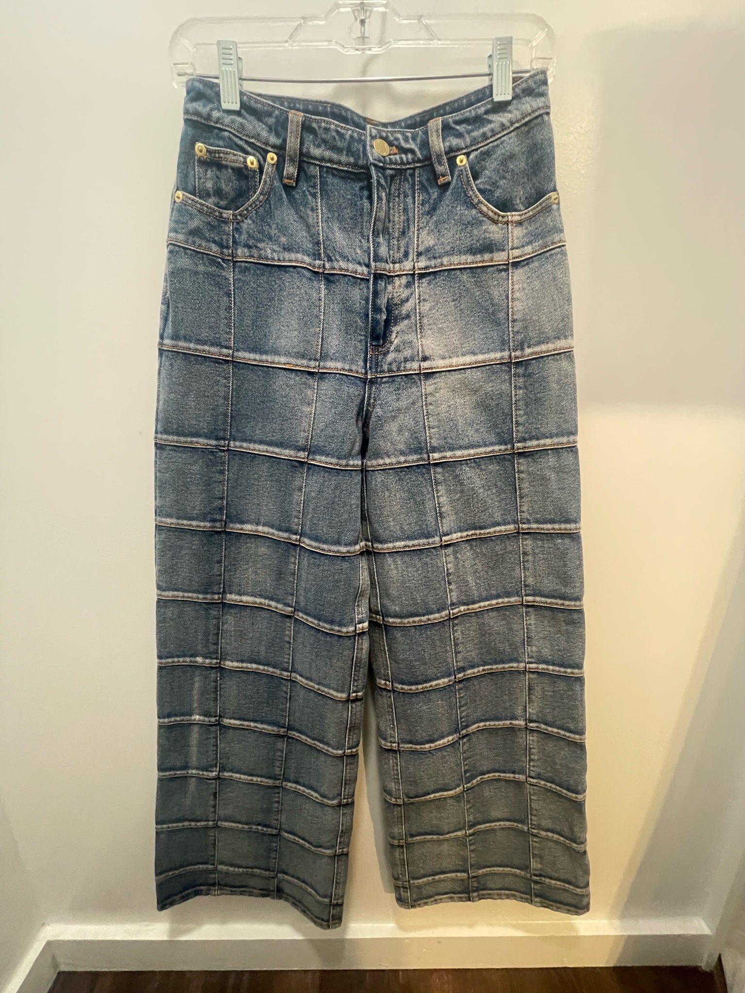 Cynthia Rowley Blue Cotton patchwork High Waist wide leg Jeans, Size 26
