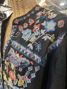 Johnny Was Black Rayon floral embroidery Longsleeve button Top, Size XL