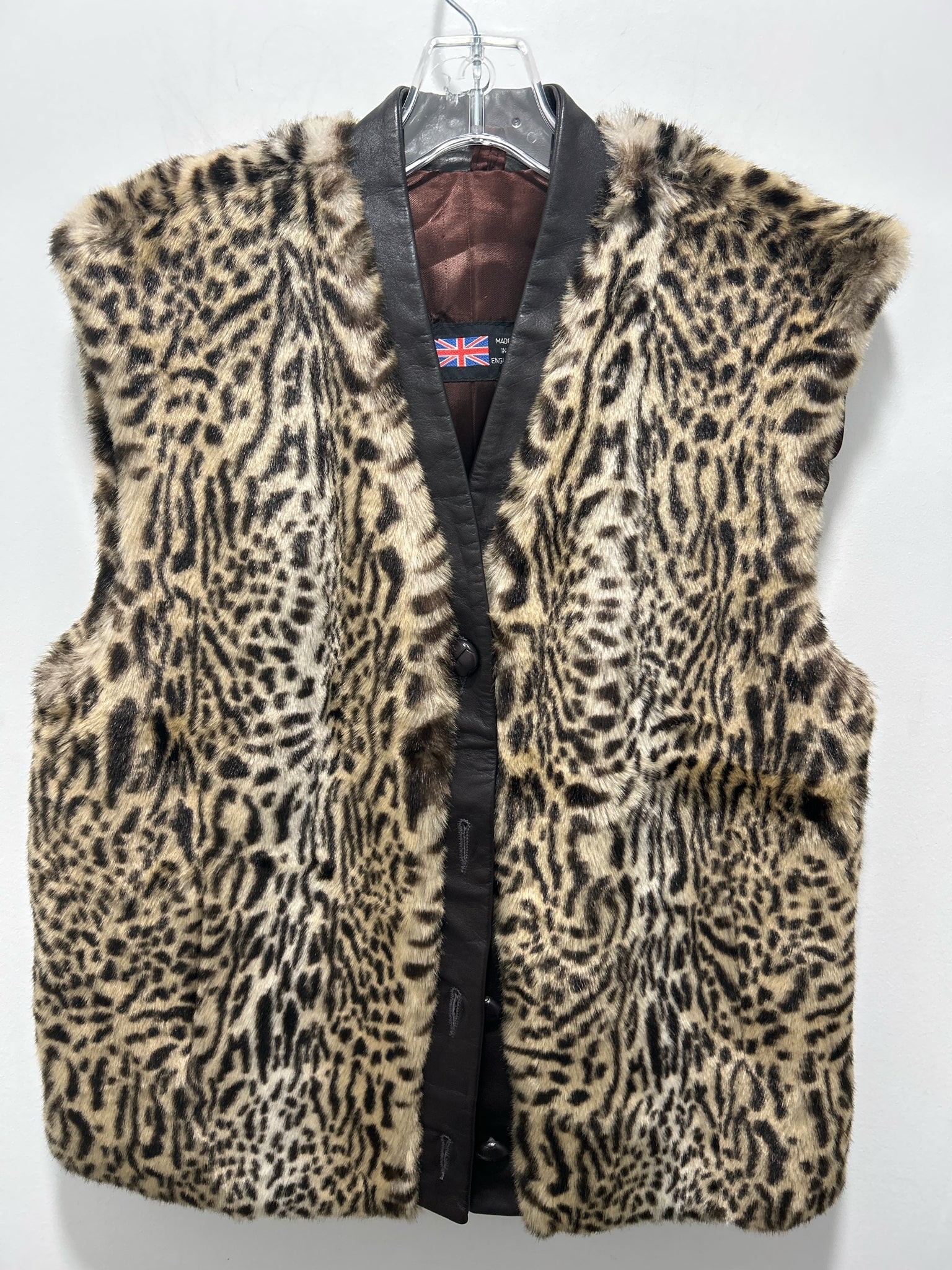 Lilli Ann beige brown Faux Fur Cheetah Button up Leather accent Vintage Vest, Size M/L