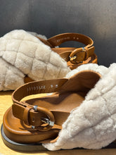 Load image into Gallery viewer, Aquatalia white &amp; camel Calf fur sandal W/Duster Sandal, Size 9
