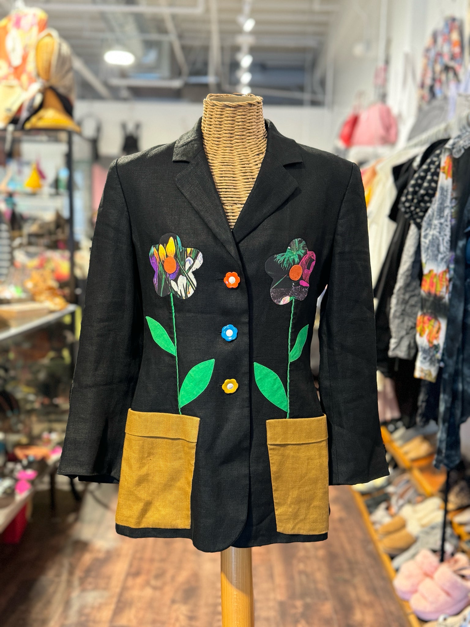 Moschino black, green, yellow Linen Flowers floral buttons Jacket
