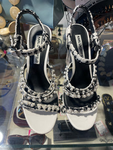Karl Lagerfeld white and black tweed w/clear heel Peep Toe, Size 8.5