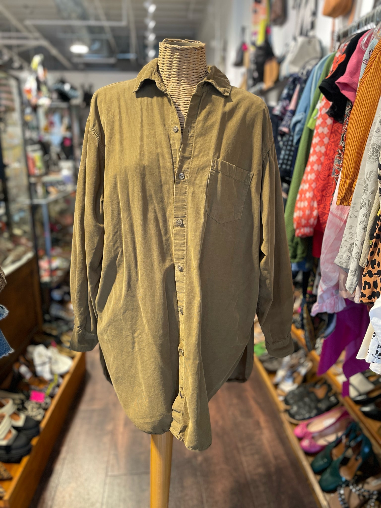 CP Shades Tan mini cord long cut Button Up Top