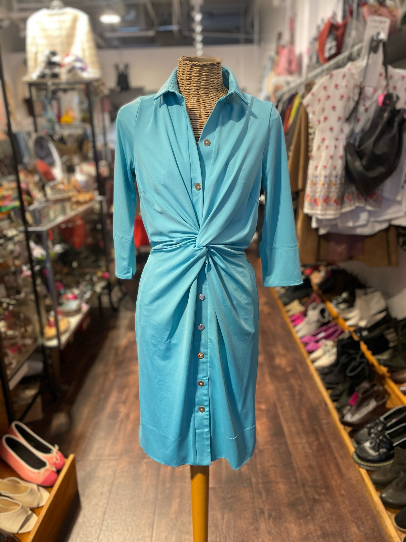 Gretchen Scott Turquoise Polyester solid button down Dress, Size XS