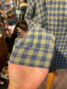 A Shirt Thing Blue & Green Cotton Blend Checkered Ruffeld collar Top, Size P/S