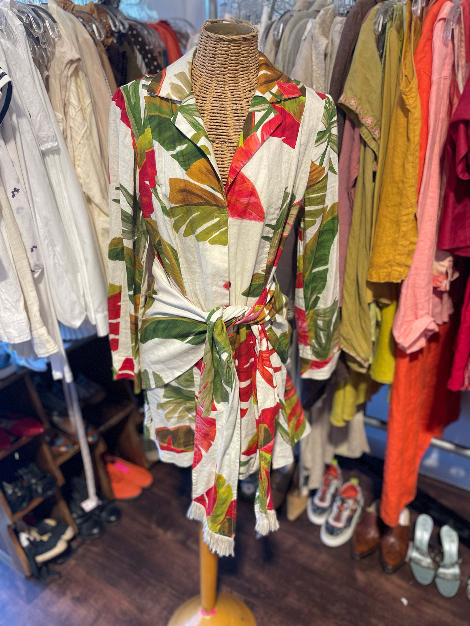 FARM Rio White & Green Linen Blend Leaves Longsleeve button down Dress, Size M