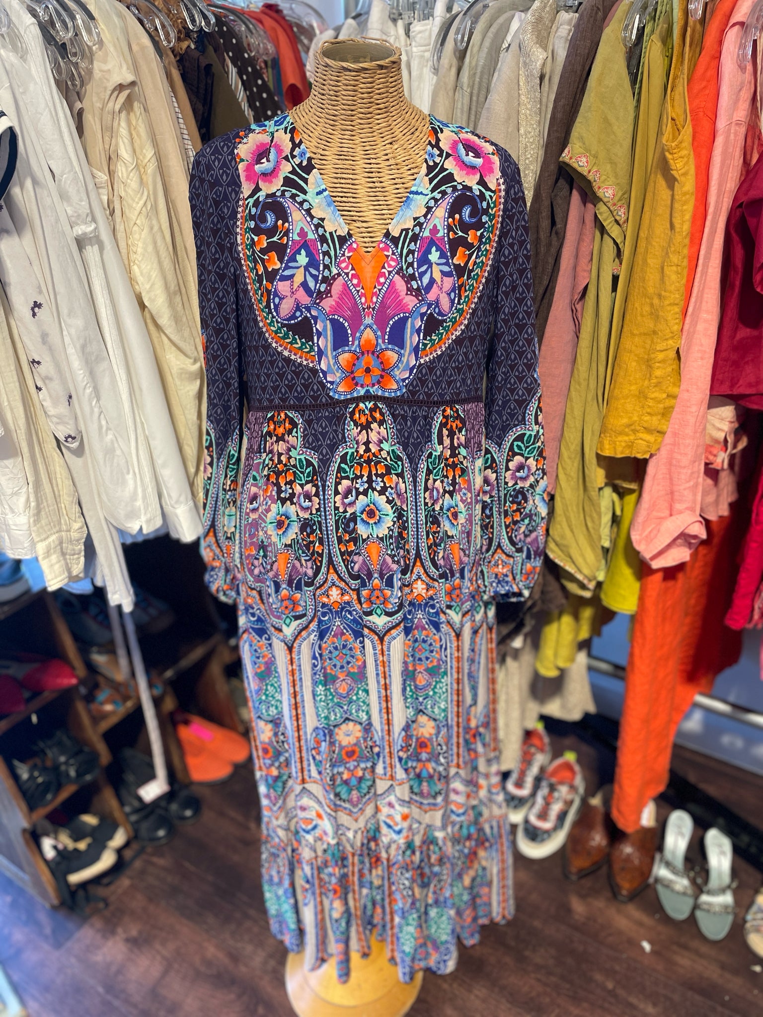 Johnny Was Purple & orange cotton & viscose flora Long sleeve plunge neck Dress, Size S